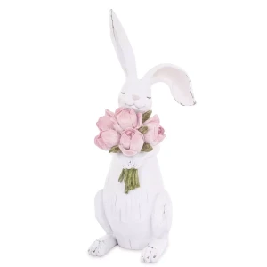 Figurka zajączek biały z różowym bukietem XL 45 cm
