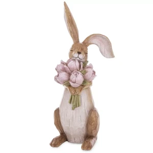 Figurka zajączek brązowy z różowym bukietem XL 45 cm